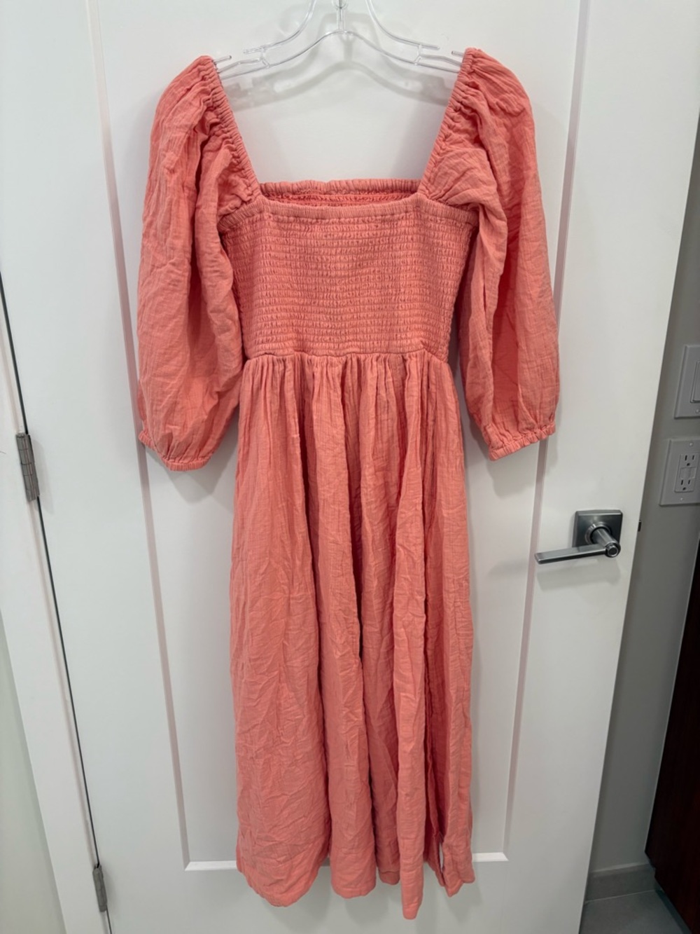 Quince 100% Organic Cotton Coral Gauze Smocked Square Neck Midi Dress Size XS - Picture 9 of 13